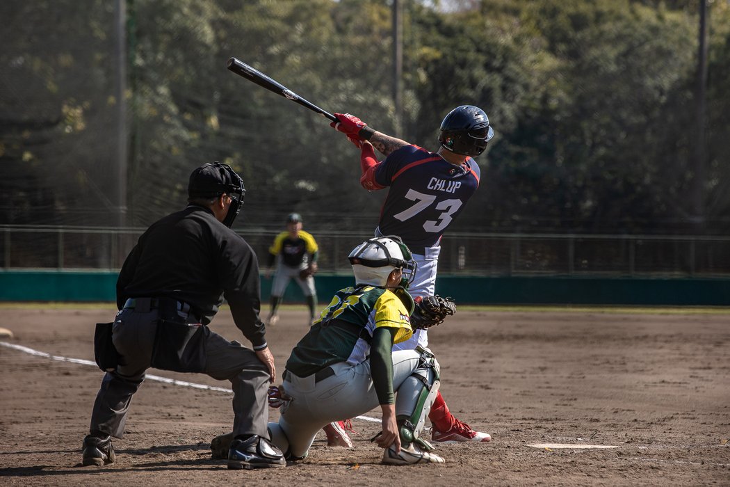 Marek Chlup na pálce v přípravném zápase českých baseballistů před WBC