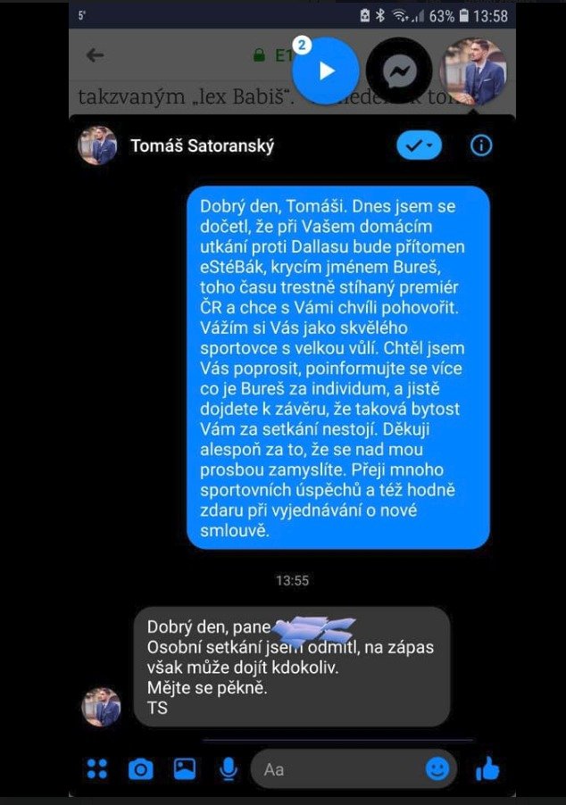 Andrej Babiš se s českým basketbalistou Tomášem Satoranským, který hraje za Washington, nesetkal, aktuálně nejlepší český hráč se s ním odmítl sejít.