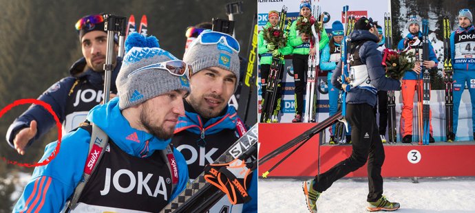 Hvězdný francouzský biatlonista Martin Fourcade opouští stupně vítězů na světovém šampionátu v Hochfilzenu poté, co mu ruští soupeři odmítli podat ruku