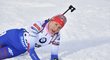 Vyčerpaná Anastasia Kuzminová v cíli sprintu na mistrovství světa