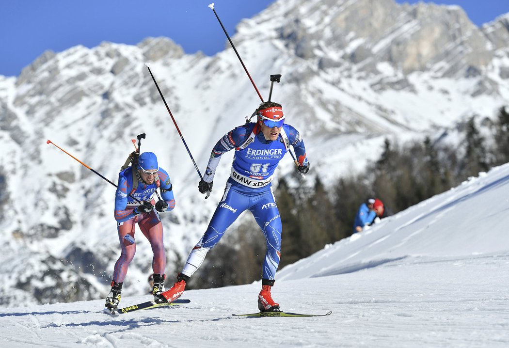 Ondřej Moravec na trati vytrvalostního závodu na 20 km na MS v Hochfilzenu, kde vybojoval nakonec stříbro