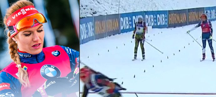 Gabriela Koukalová před sebe v cíli stíhačky pustila německou závodnici Miriam Gössnerovou, které před tím přišlápla lyži