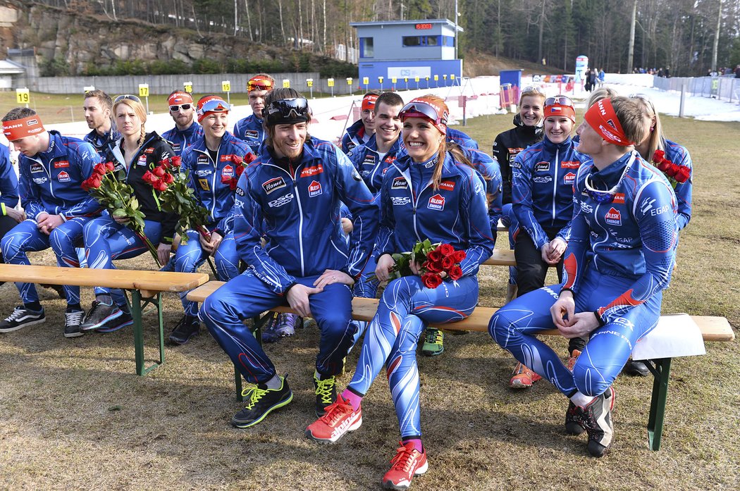 Jaroslav Soukup, Gabriela Soukalová, Ondřej Moravec v Břízkách na exhibici mistrovství České republiky