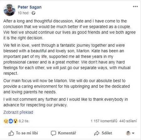 Peter Sagan v noci ze středy na čtvrtek sdělil světu prostřednictvím svého oficiálního facebookového účtu, že se rozchází s manželkou Katarínou.