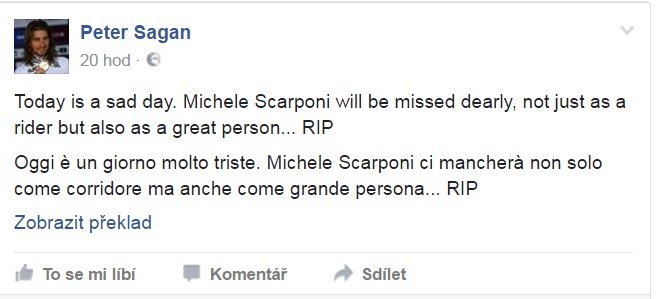 Cyklistické hvězdy reagují na tragickou smrt Michele Scarponiho.