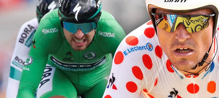 Rozdílné příběhy na Tour de France 2019 momentálně prožívají cyklisté Peter Sagan(vlevo) a Greg van Avermaet. Zatímco slovenská hvězda na první triumf stále čeká, Belgičan si hned v prvním kole dojel pro puntíkový dres pro nejlepšího vrchaře