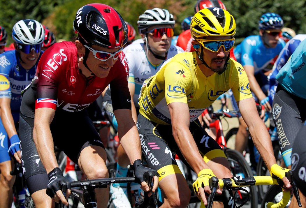 Loňský vítěz Geraint Thomas a současný lídr Tour de France 2019 Julian Alaphilippe během 4. etapy