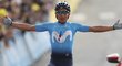 Kolumbijec Nairo Quintana a jeho radost z vítězství v těžké alpské etapě.