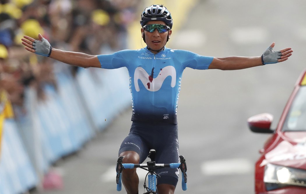 Kolumbijec Nairo Quintana a jeho radost z vítězství v těžké alpské etapě.