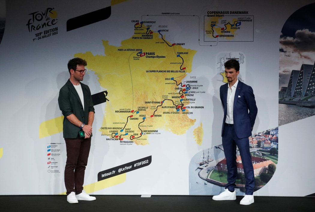 Mark Cavendish a Julian Alaphilippe při představení trasy Tour de France 2022