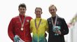 Stupně vítězů, tentokrát nikoli veslařské, ale cyklistické. Bronzový Hamish Bond (vpravo) s vítězem Cameronem Mayerem a stříbrným Harrym Tanfieldem.