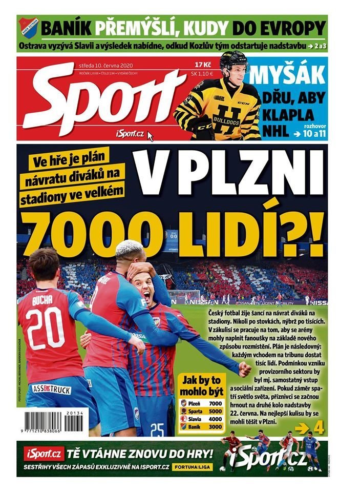 Titulní strana deníku Sport, středa 10. června 2020