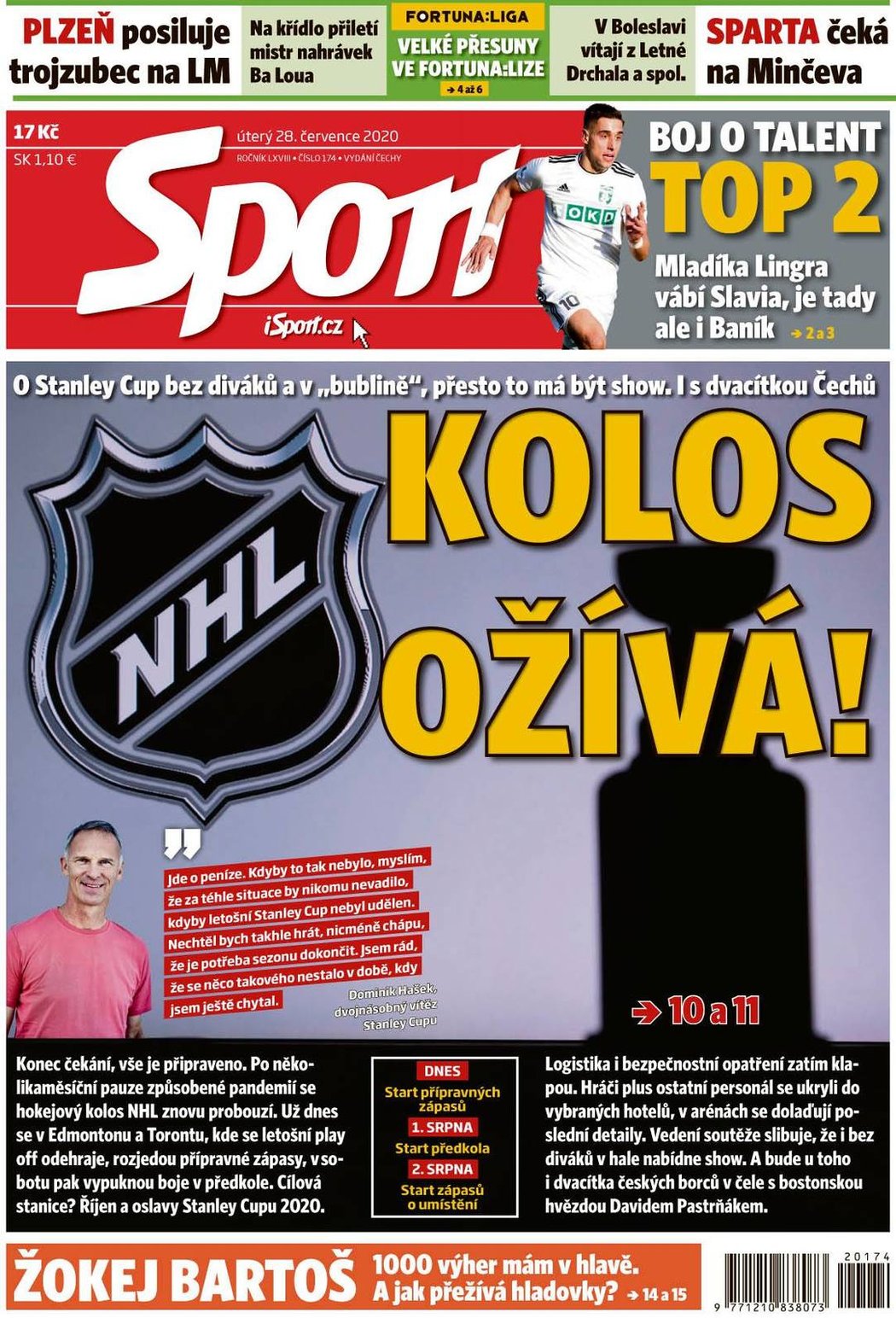 Titulní strana deníku Sport, úterý 28. července 2020