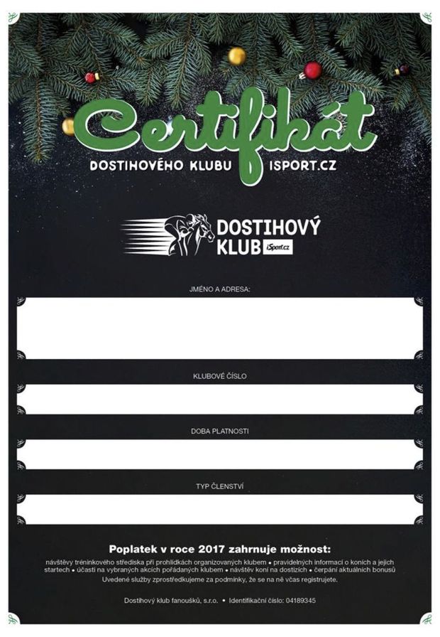 Certifikát dostihového klubu iSport.cz Certifikát dostihového klubu iSport.cz