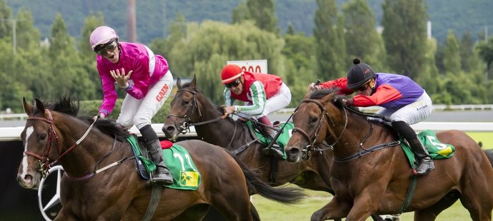 Vítěz Jaromír Šafář s koněm Touch of Genius probíhají cílem Českého derby, vpravo je druhý Oriental Sky
