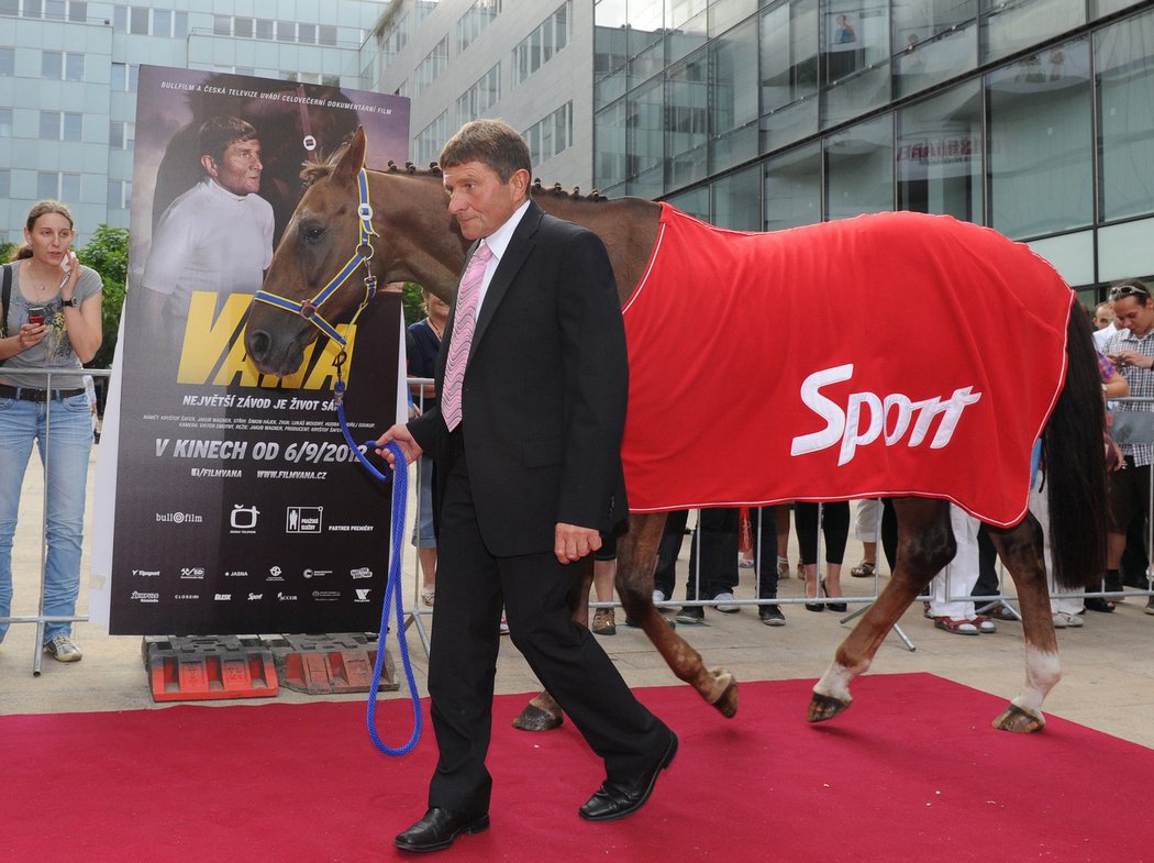 Josef Váňa se svým koněm přichází na premiéru dokumentárního filmu věnujícího se jeho kariéře