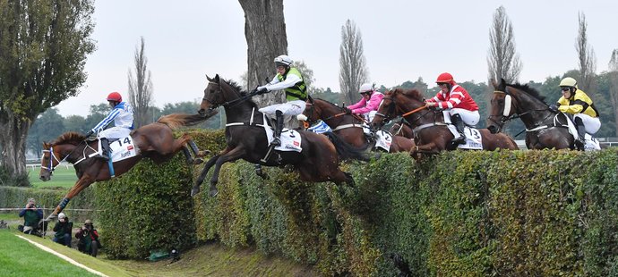 Velká pardubická 2020, Taxisův příkop: zleva Player, žokej Marcel Novák, Hegnus, žokej Lukáš Matuský, Ribelino, žokej Thomas Boyer, Vandual, žokej Romain Julliot, Bugsie Malone, žokej Adam Čmiel