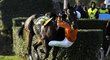 Sertash Ferhanov se snaží udržet na Gauneru Danonovi při Velké pardubické, ovšem marně - 125. ročník slavného dostihu dokončilo jen 11 koní z 22