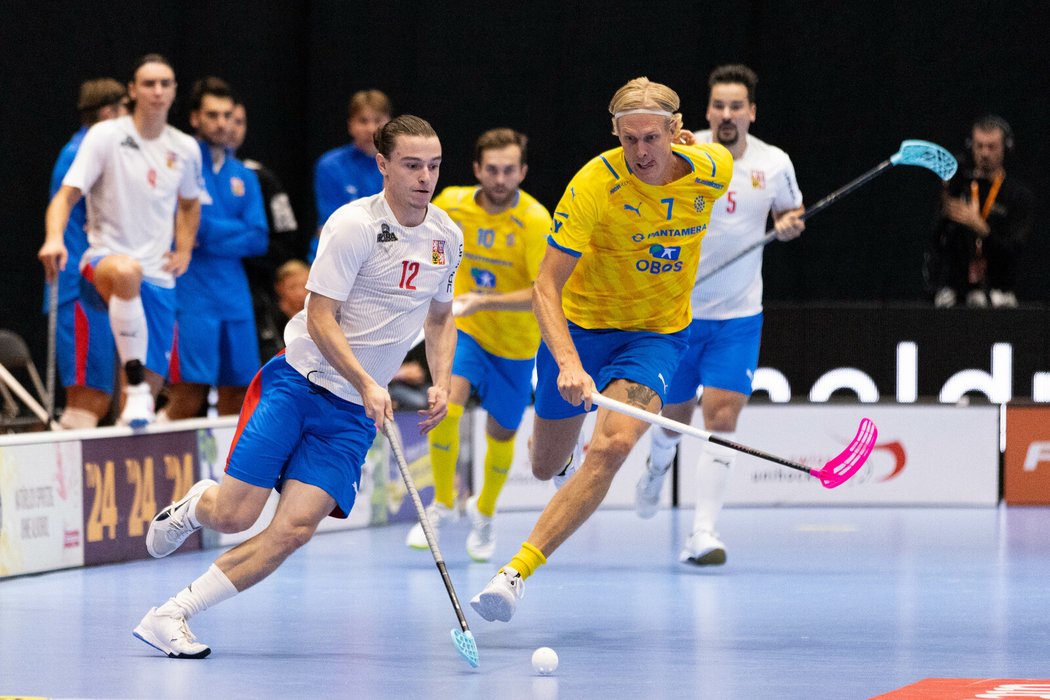 Čeští florbalisté během zápasu se Švédskem