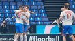 Čeští florbalisté slaví gól v utkání o bronz proti Švýcarsku