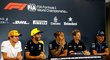 Zleva Lando Norris (McLaren), Daniel Ricciardo (Renault), Lewis Hamilton (Mercedes), Romain Grosjean (Haas) a Robert Kubica (Williams) během tiskové konference před Velkou cenou Singapuru