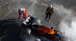 Nizozemský jezdec Red Bullu Max Verstappen a jeho hořící vůz během Velké ceny Austrálie