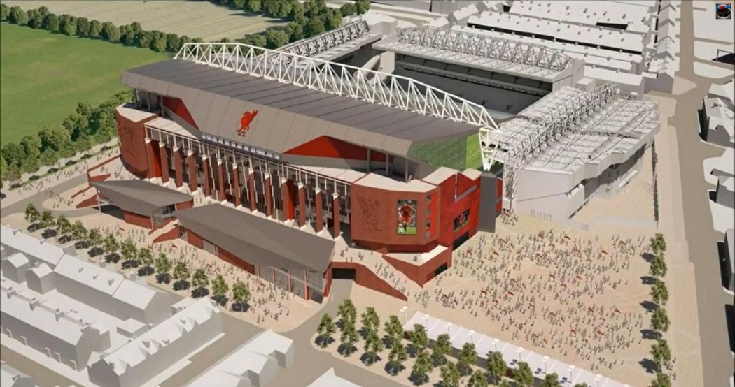 Maketa zrekonstruovaného Anfield Road, stadionu fotbalového Liverpoolu