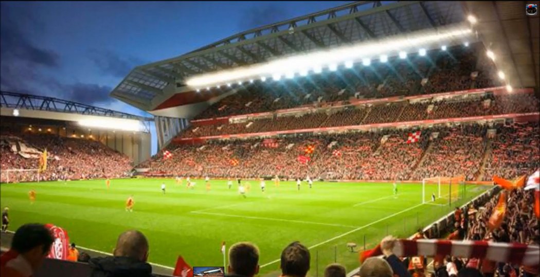 Maketa zrekonstruovaného Anfield Road, stadionu fotbalového Liverpoolu