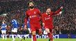 Mohamed Salah se raduje z první branky Liverpoolu v derby proti Evertonu