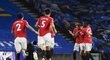 Fotbalisté Manchesteru United oslavují vstřelenou branku do sítě Brightonu