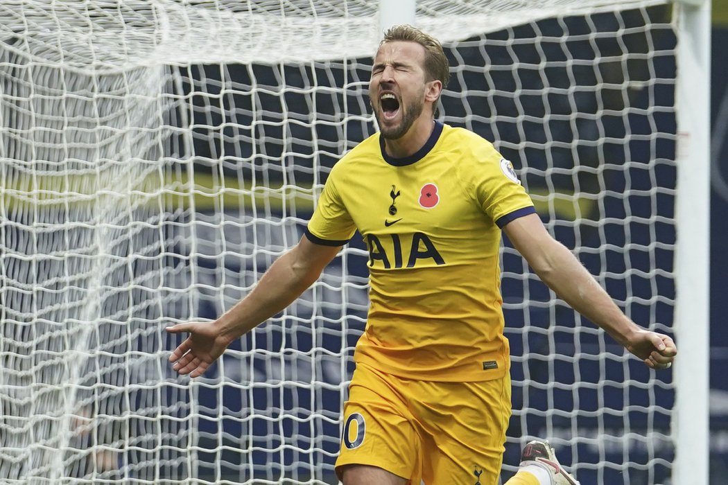 Harry Kane se raduje z gólu do sítě West Bromu