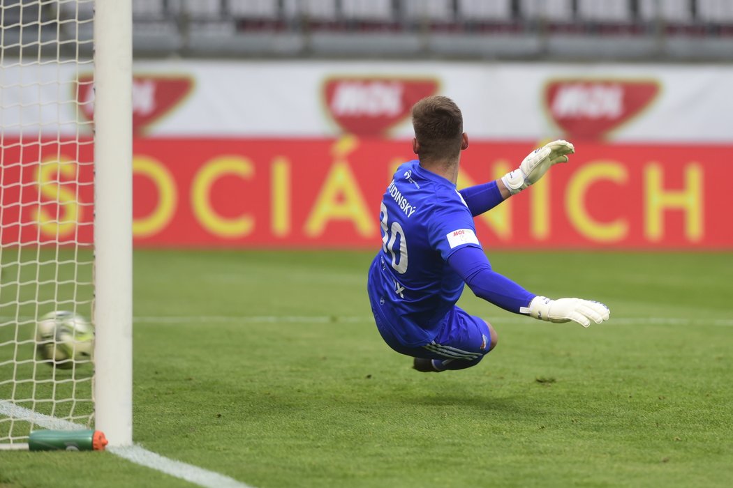 Brankář Baníku Viktor Budínský penaltu Tomáše Součka chytit nedokázal