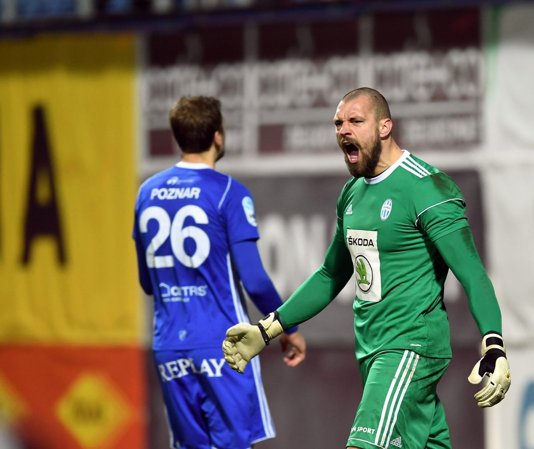 Gólman Mladé Boleslavi Martin Polášek v momentě, kdy chytl rozhodující penaltu Tomáši Poznarovi v utkání Baníku s Mladou Boleslaví ve čtvrtfinále Mol Cupu