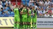 Fotbalisté Mladé Boleslavi se radují po gólu Nikolaje Komličenka do sítě ostravského Baníku v zápase o Evropskou ligu