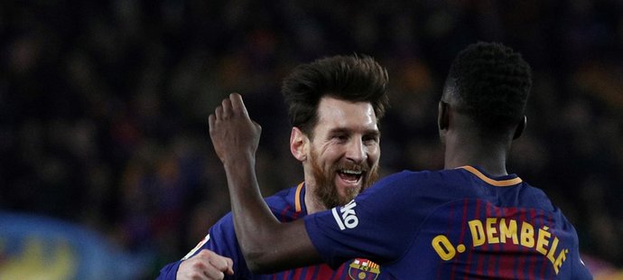Gólová radost Barcelony v podání Lionela Messiho a Ousmane Dembélého