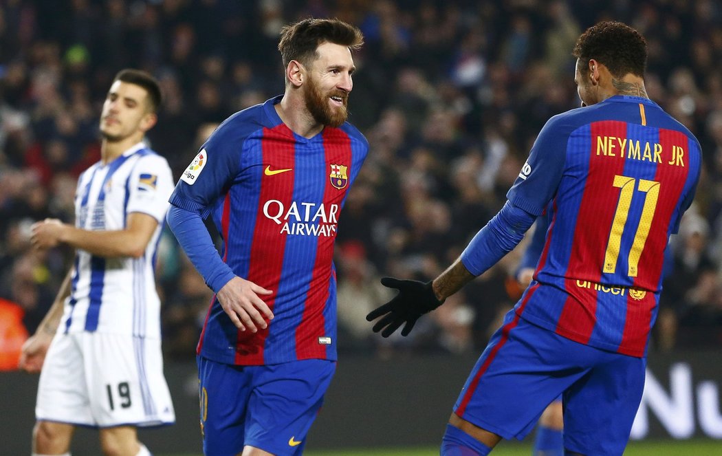 Lionel Messi slaví branku v síti Realu Sociedad