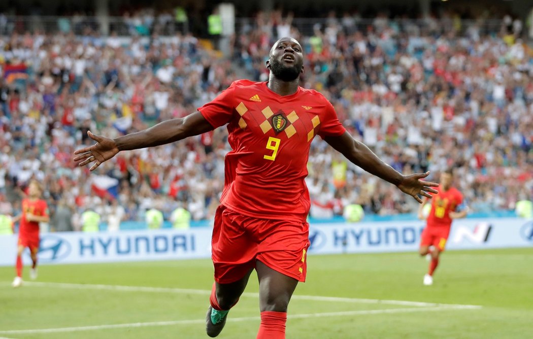 Belgický kanonýr Romelu Lukaku slaví jednu z branek do sítě Panamy