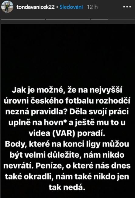 Antonín Vaníček z Bohemians si postěžoval na Instagramu na špatně nařízenou penaltu v duelu s Karvinou.