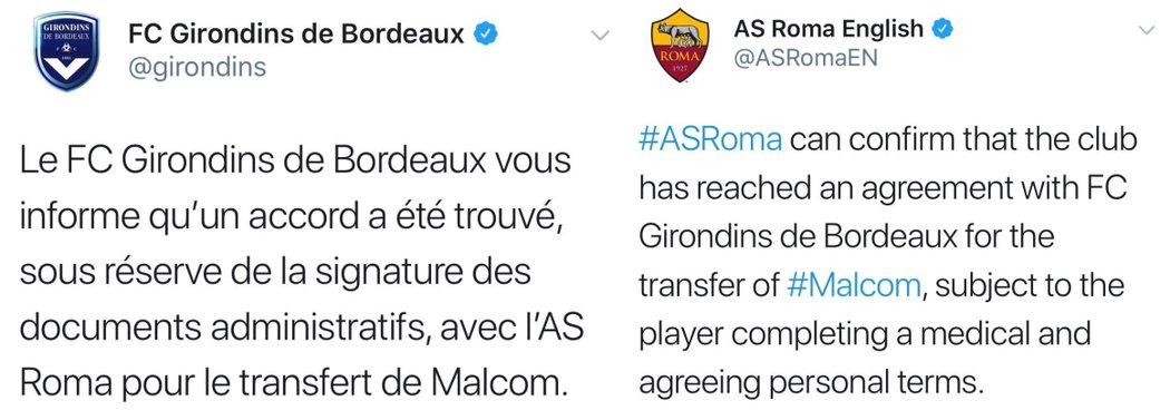 Bordeaux i AS Řím vydaly zprávu o dohodě na přestupu Malcoma