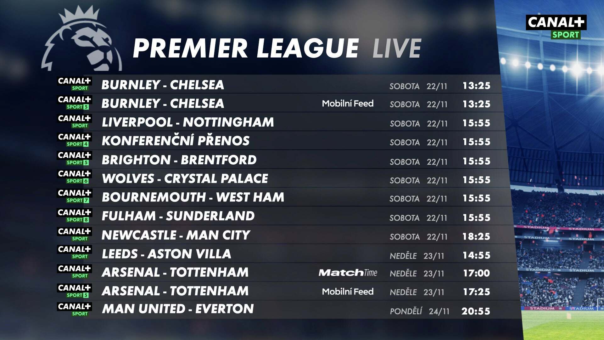 Jak vypadá program 12. kola Premier League na Canal+ Sport? Jak vypadá program 12. kola Premier League na Canal+ Sport?