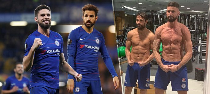 Hvězdy Chelsea, Olivier Giroud a Cesc Fábregas, ukazují svaly v posilovně