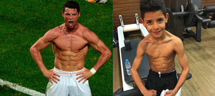 Cristiano Ronaldo mladší chce být jako táta. Vyzkoušel si i jeho kulturistickou pózu...