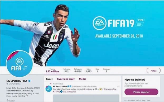 Původní vzhled twitterové stránky EA SPORTS FIFA