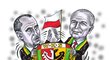 Trenéři Vítězslav Lavička (vpravo) a Zdeněk Svoboda jako trenéři Śląsku Wrocław na novinové karikatuře