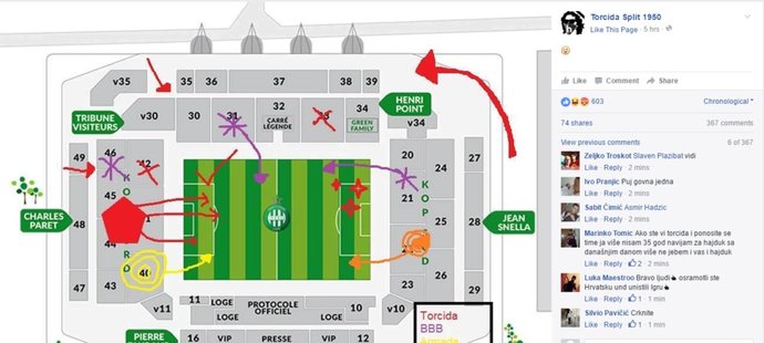 Plánek chorvatských ultras pro řádění na stadionu v Saint-Etienne
