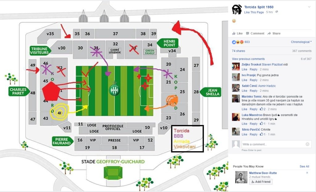 Plánek chorvatských ultras pro řádění na stadionu v Saint-Etienne