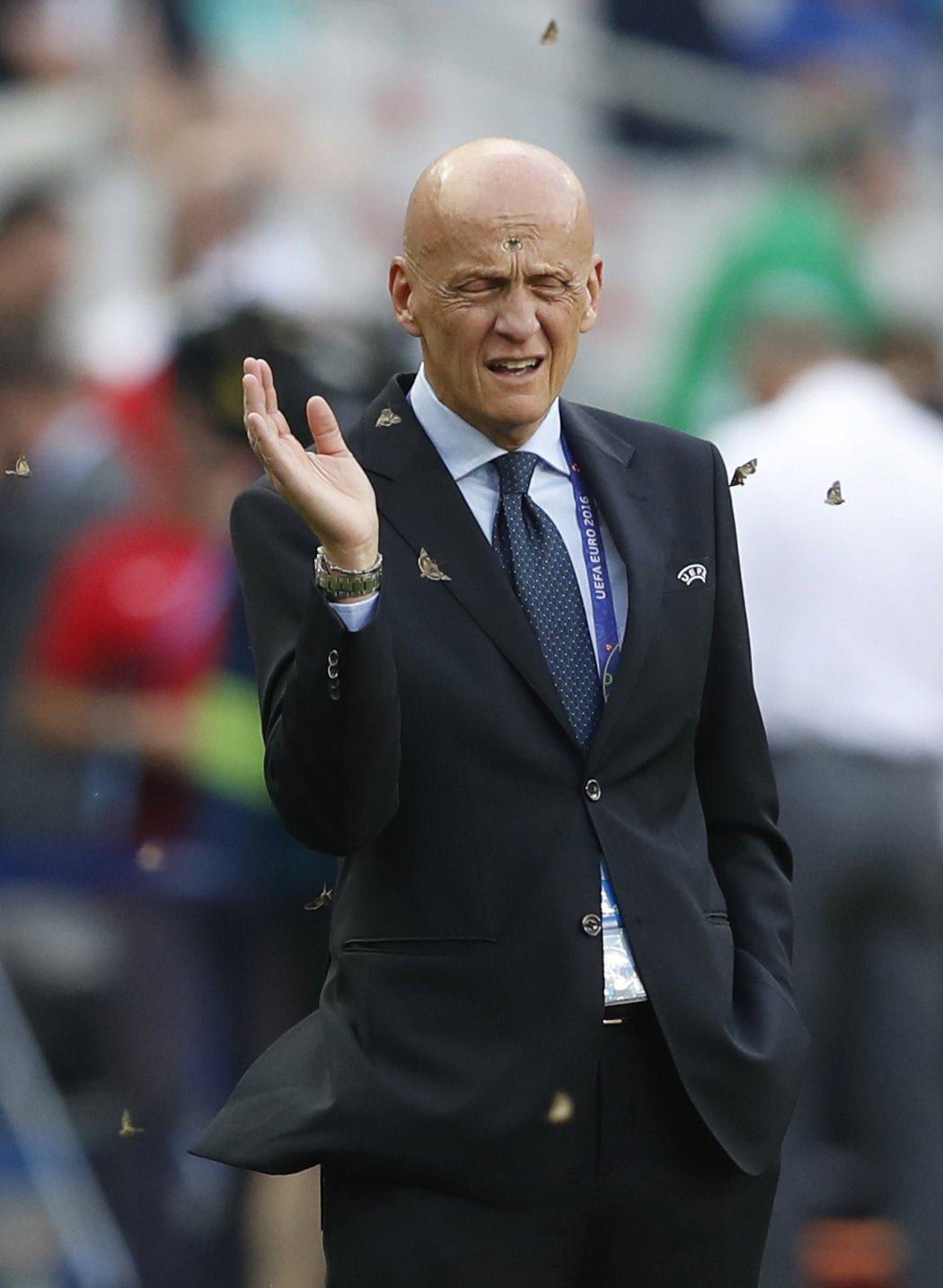 Nechutné můry. Člen komise rozhodčích UEFA, Ital Pierluigi Collina, se měl před finále EURO 2016 co ohánět.