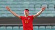 Kieffer Moore z Walesu oslavuje svou trefu do sítě Švýcarska na EURO