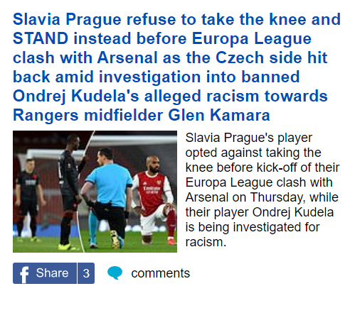 Deník Daily Mail se pustil do Slavie kvůli jejímu nepokleknutí před duelem s Arsenalem