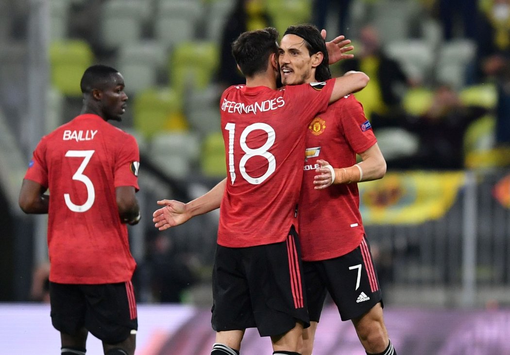 Radost hráčů Manchesteru United po gólu Edinsona Cavaniho ve finále Evropské ligy proti Villarrealu